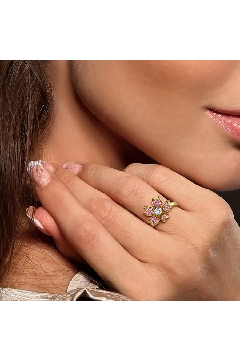 Lab-Created Diamond & Pink Sapphire Flower Ring, Alternate, color, Yellow Gold