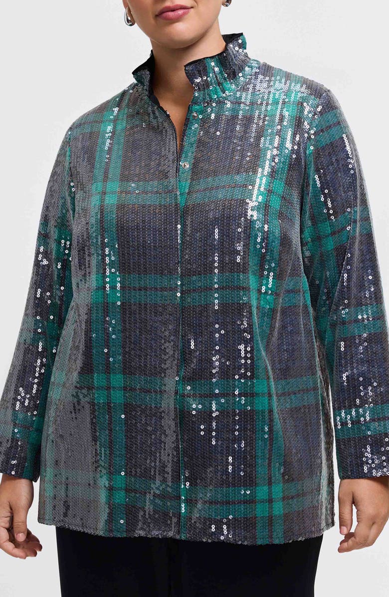 Foxcroft Carolina Sequin Plaid Cotton Blend Button-Up Shirt, Main, color, Navy Blue/ Multi