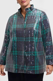 Foxcroft Carolina Sequin Plaid Cotton Blend Button-Up Shirt