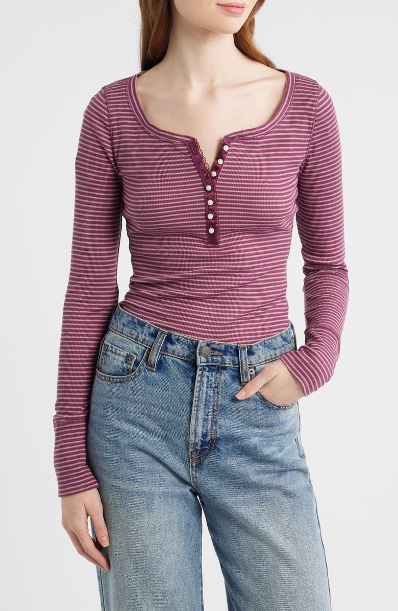 Lucky Brand Lace Trim Henley, Main, color, Burgundy Stripe