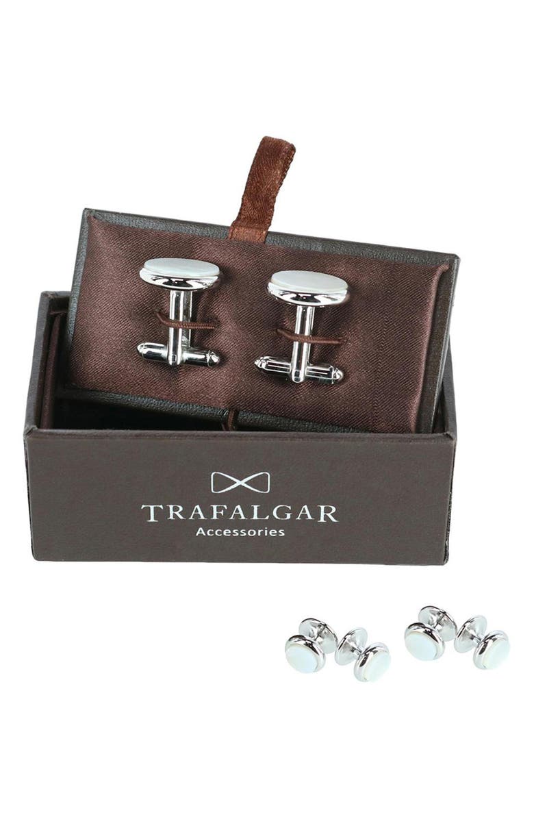 Trafalgar Sutton Mother of Pearl Cuff Link & Stud Set, Alternate, color, Rhodium With Mother Of Pearl