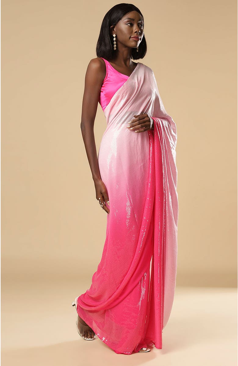 One Minute Saree<sup>®</sup> Kajol White & Pink Ombre Sequins Pre-Draped Ready to Wear Sari, Alternate, color, 