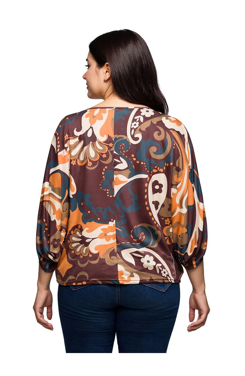 24seven Comfort Apparel Curvy Essential Paisley Print Dolman Sleeve Top, Alternate, color, Brown Multi
