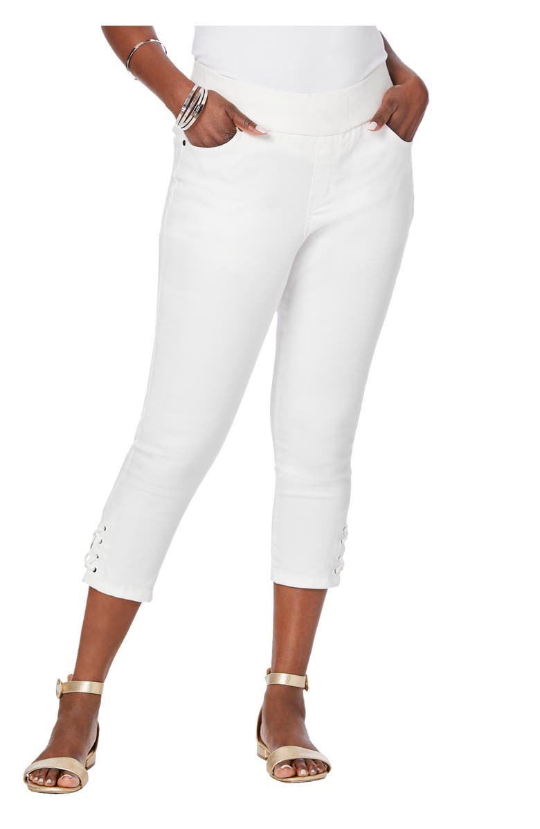 Jessica London Comfort Waist Stretch Denim Lace-Up Capri, Main, color, White