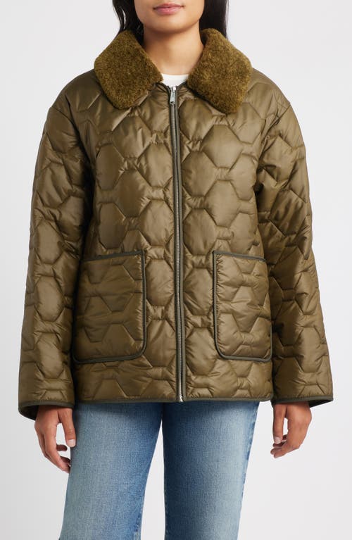 Sam Edelman Wide Hexagon Quilted Coat With Removable Faux Fur Collar In Green