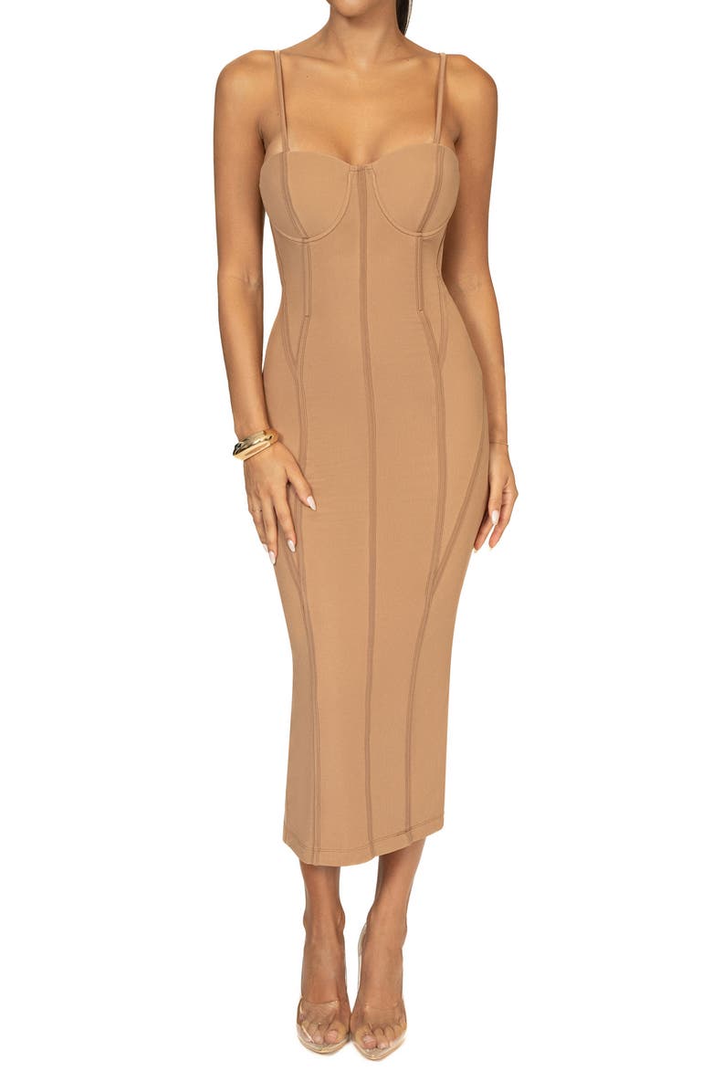 JLUXLABEL Escape Corset Mesh Midi Dress, Main, color, 