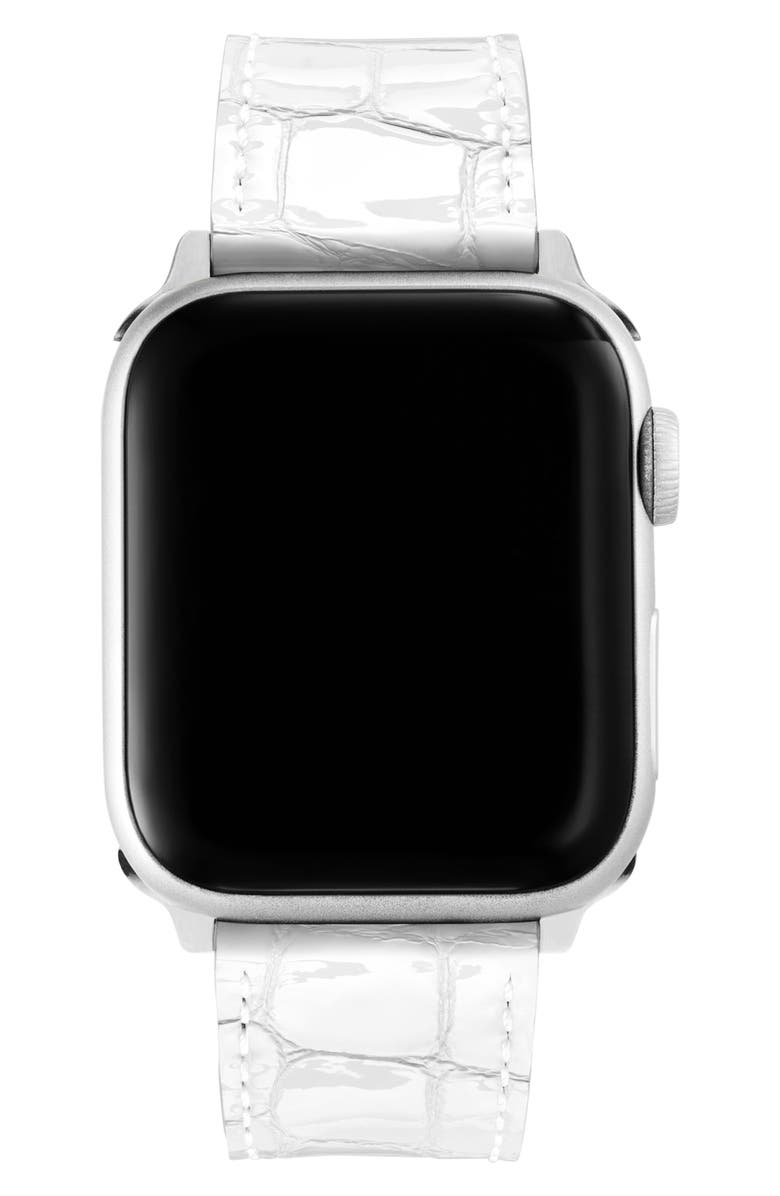 MICHELE Croc Embossed Patent Leather 20mm Apple Watch<sup>®</sup> Watchband, Alternate, color, White