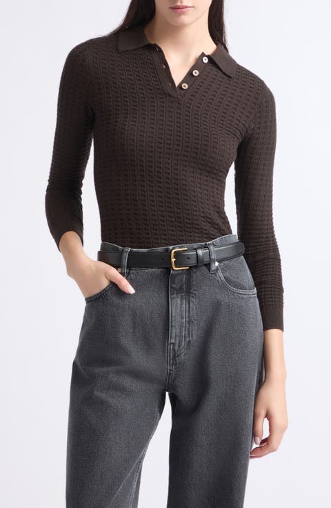Shrunken Waffle Cashmere Polo Sweater