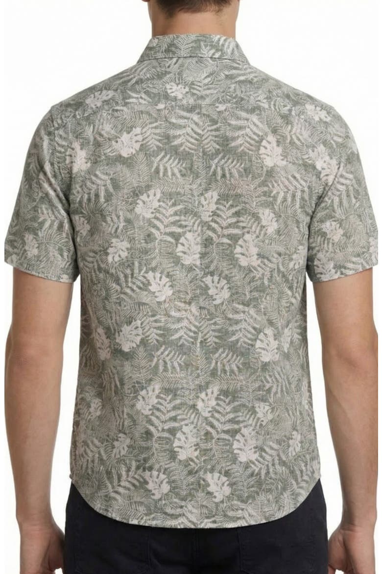 Tropical Print Short Sleeve Linen & Cotton Button-Up Shirt, Alternate, color, OLIVE