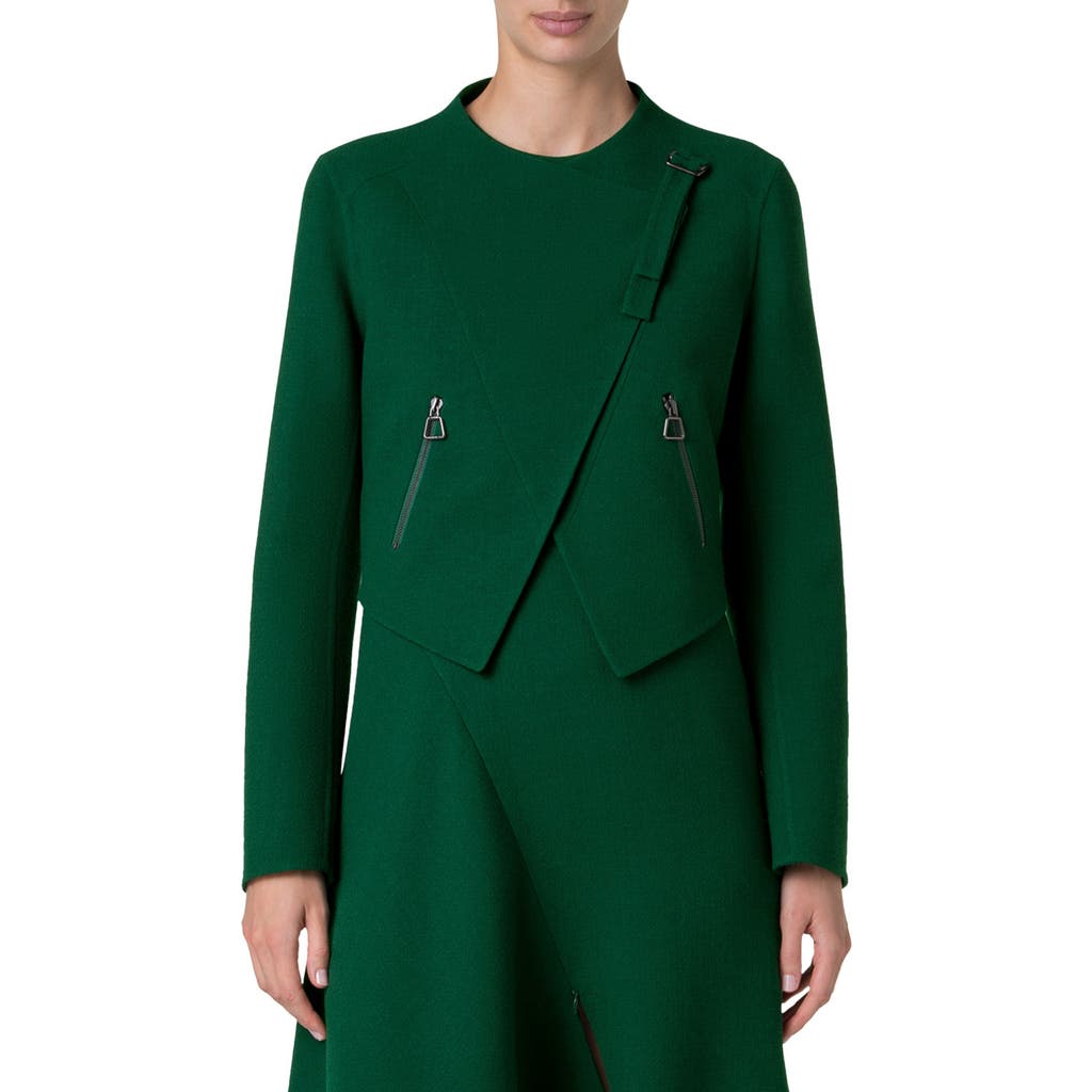 Akris Ariel Asymmetric Virgin Wool Crepe Crop Jacket In Pine Green