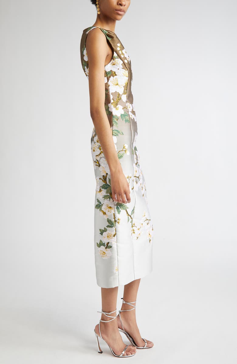 Oscar de la Renta Dégradé Cherry Blossom Jacquard Sheath Dress, Alternate, color, White Khaki Ombre