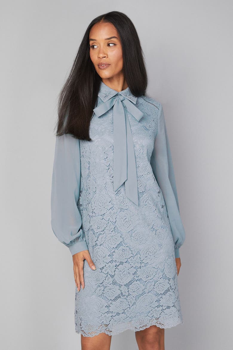 Lace Tie Neck Shift Dress, Alternate, color, Turquoise