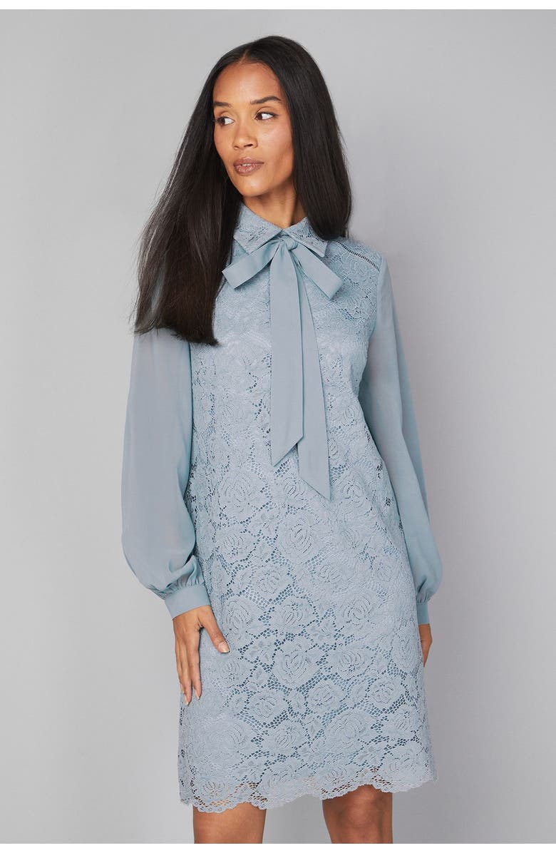 Wallis Lace Tie Neck Shift Dress, Alternate, color, Turquoise