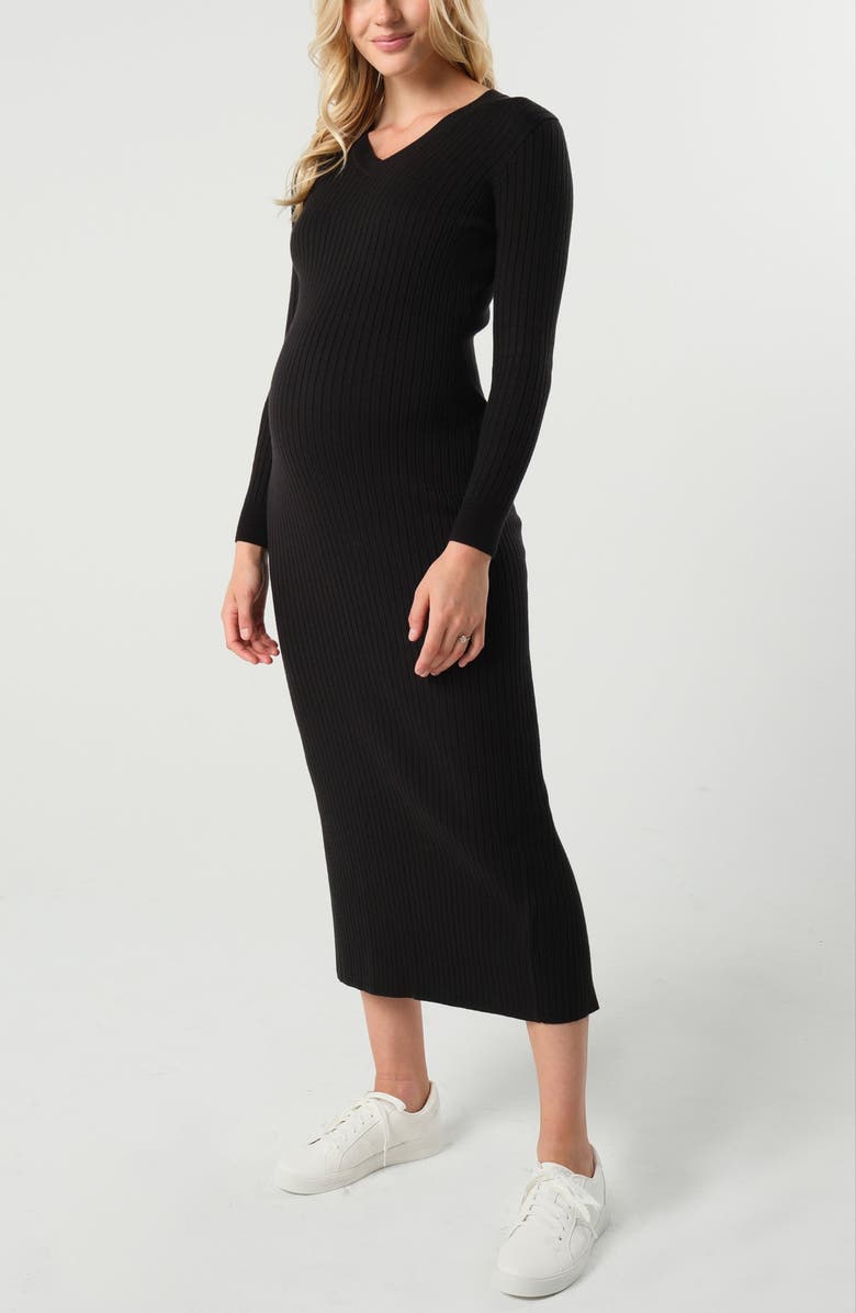 Marion Women's Maxi Maternity & Nursing V-Neck Sweater Dress in Cotton Knit, Alternate, color, Black