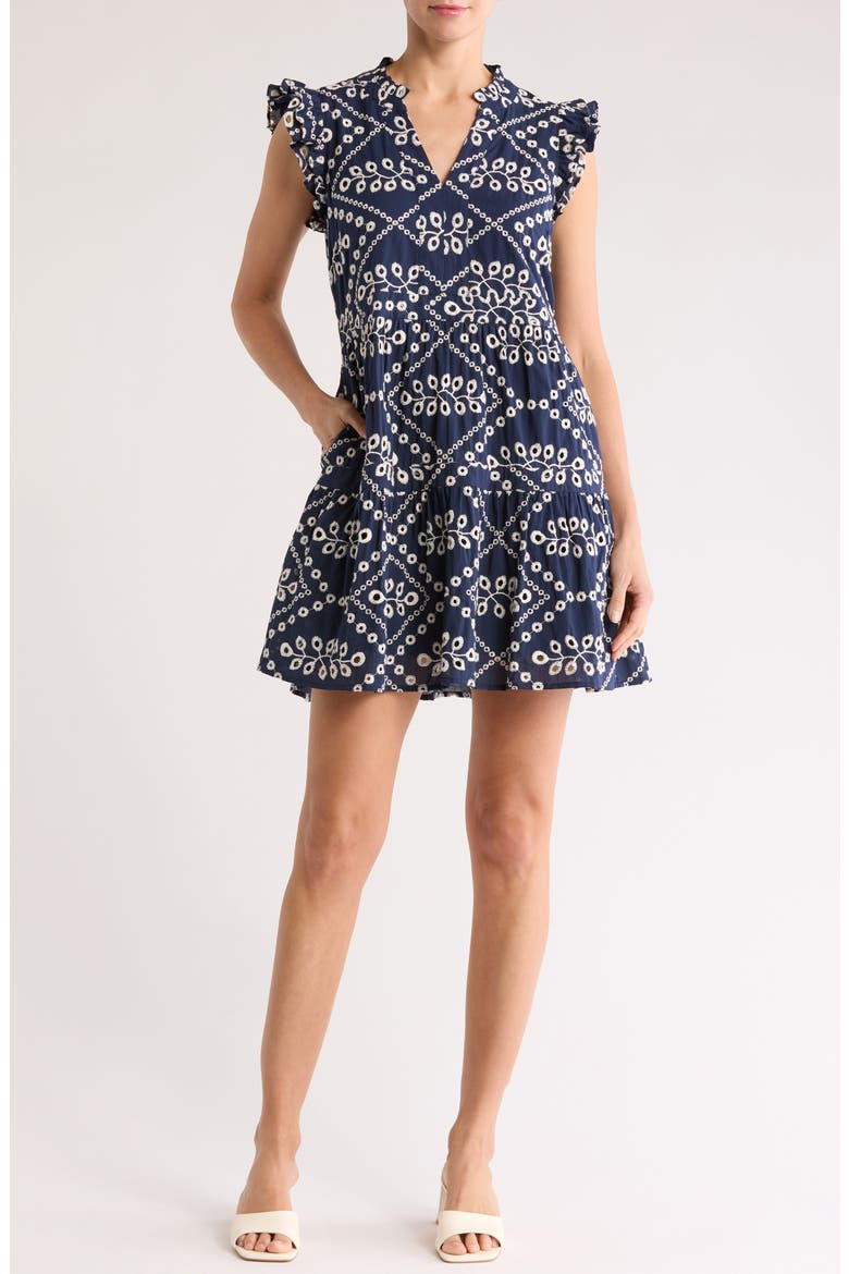 Flutter Sleeve Cotton Eyelet Minidress, Main, color, NAVY EYELET