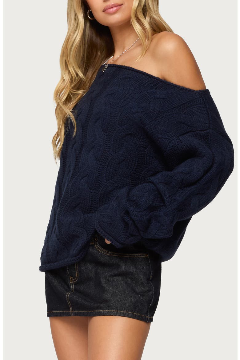 Nellie One-Shoulder Cable Stitch Sweater, Alternate, color, NAVY