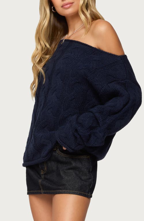 Edikted Nellie One-shoulder Cable Stitch Sweater In Blue