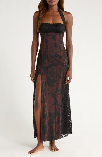 Love You Most Print Lace Halter Maxi Dress
