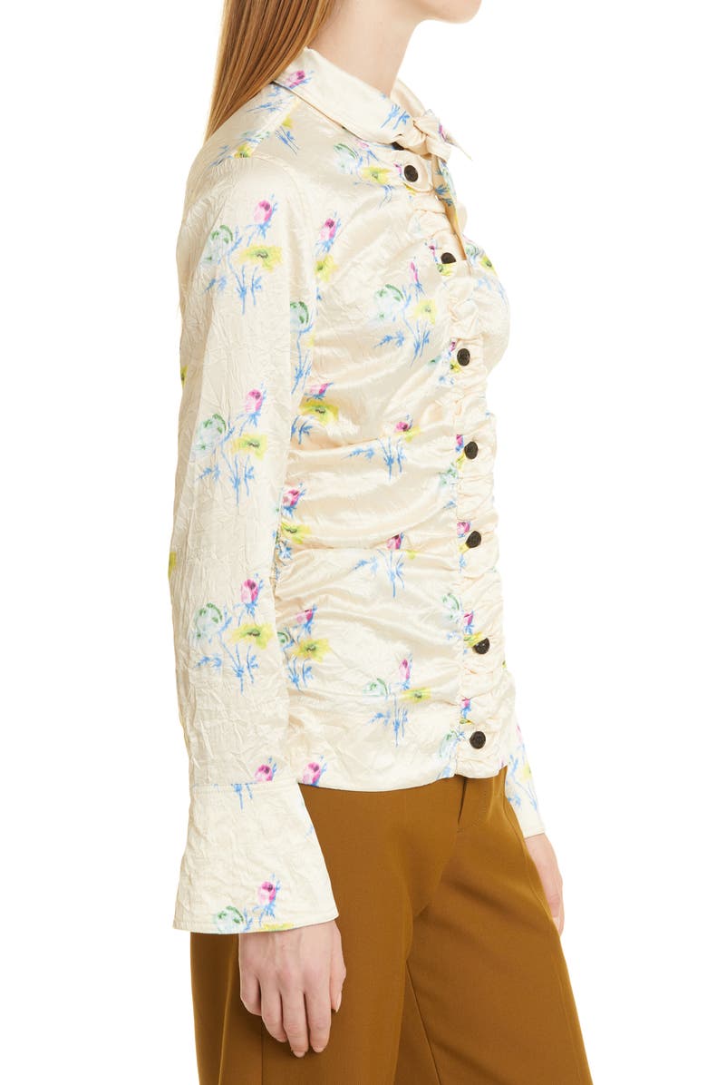 Ganni Floral Print Ruched Crinkled Satin Shirt, Alternate, color,