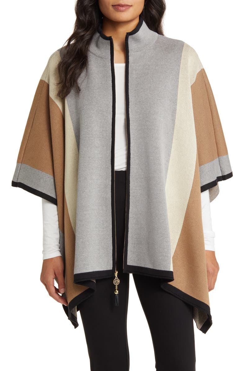 Anne Klein Vertical Stripe Zip Front Poncho, Main, color, 