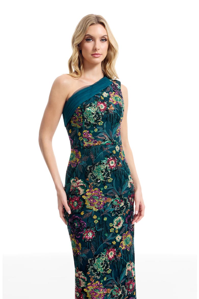 Sawyer Beaded Sequin One-Shoulder Gown, Alternate, color, PEACOCK BLUE MULTI