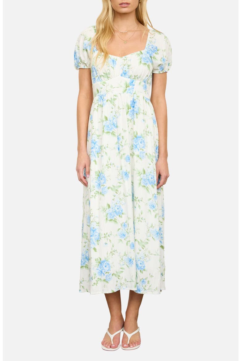 Puff Sleeve Midi Dress, Main, color, BLUE/ IVORY