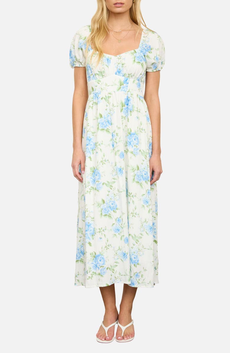 AUGUST SKY Puff Sleeve Midi Dress, Main, color, Blue/ Ivory