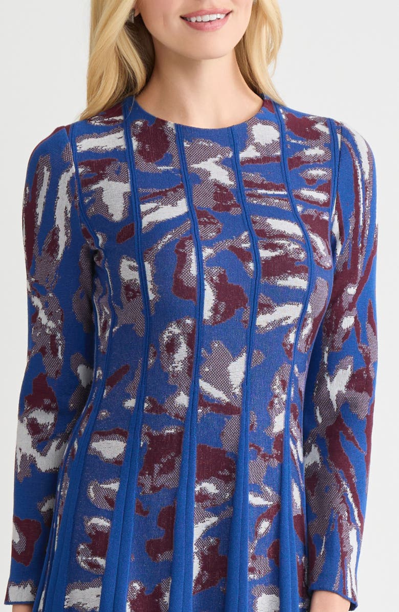 Misook Long Sleeve Jacquard Fit & Flare Dress, Alternate, color, Lazuli Blue/Sangria/Pearl Gry