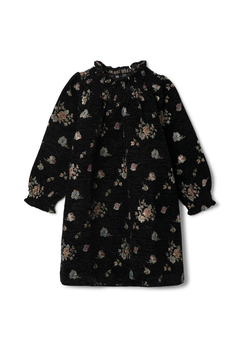 Space Grey Floral Brocade Velvet Dress, Long Sleeve Smocked Neck, Main, color, Black