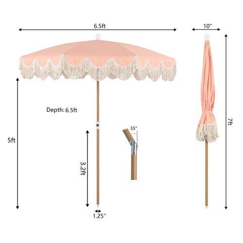 Jonathan Y Mariner 6.5 Ft. Classic Cottage Fringe Tassel Market Beach Umbrella With Push Button Tilt In Pink