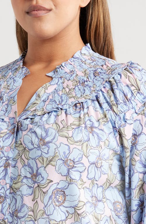 Wit & Wisdom Print Smocked Yoke Top In Rose Bloom/blue Crush Multi