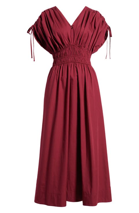 Cotton Poplin Ruched Tie Shoulder Dress