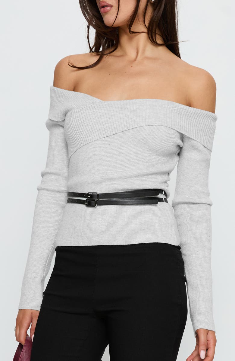 Princess Polly Ellenore Off the Shoulder Belted Sweater, Alternate, color, Grey