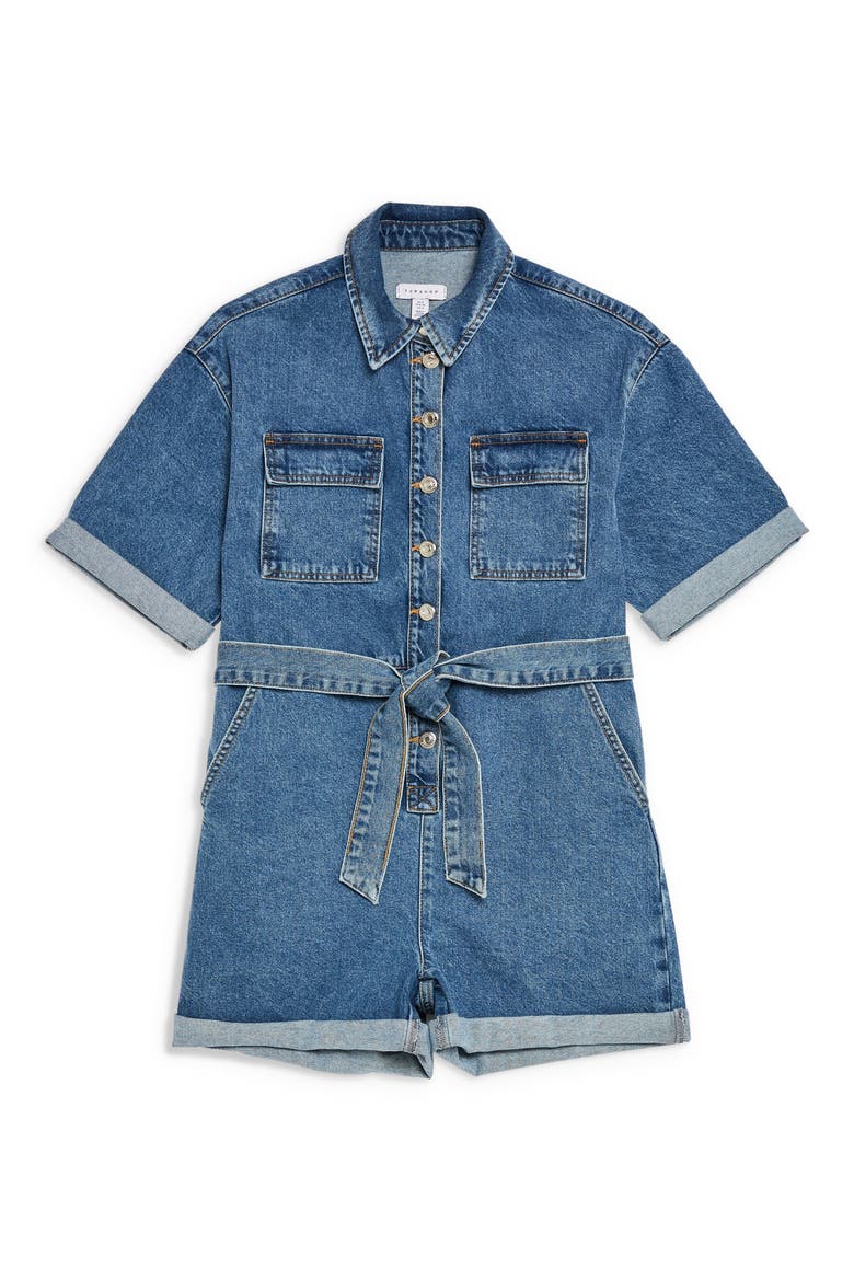 Denim Button-Down Romper, Alternate, color, MID DENIM