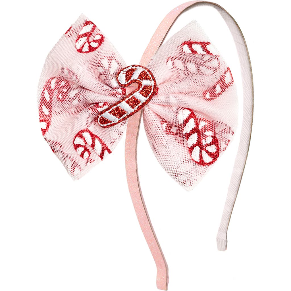 Sweet Wink Candy Cane Confetti Christmas Tulle Bow Headband In Pink