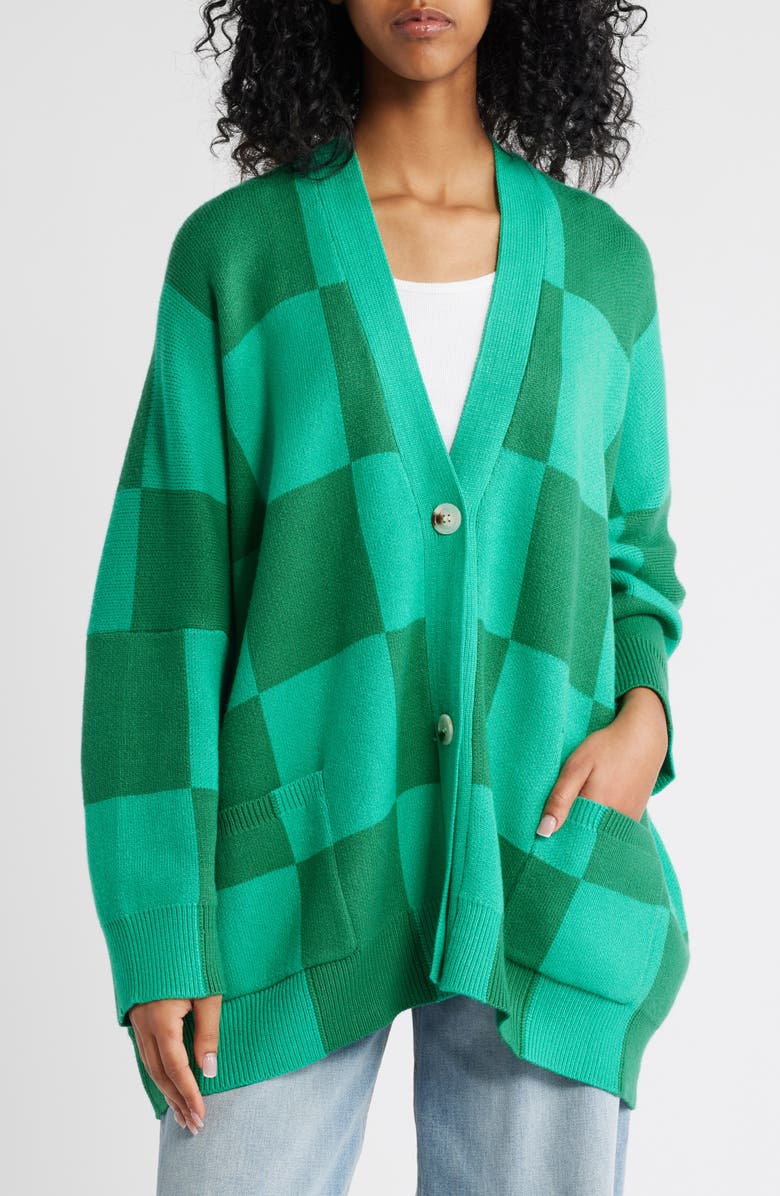 Dressed in Lala Love You Checkerboard Oversize Cardigan, Alternate, color, Green