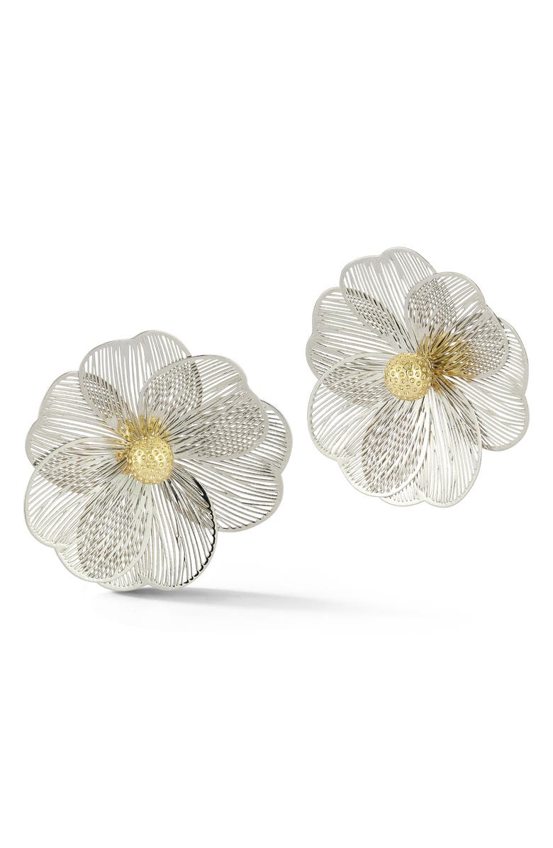 SPHERA MILANO Two-Tone Flower Stud Earrings, Main, color, Silver