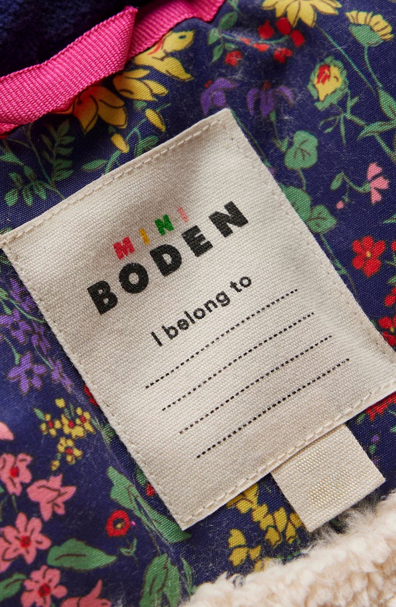 Mini Boden Kids' Water Resistant Quilted Parka with Faux Fur Trim, Alternate, color, Navy Flower Meadow