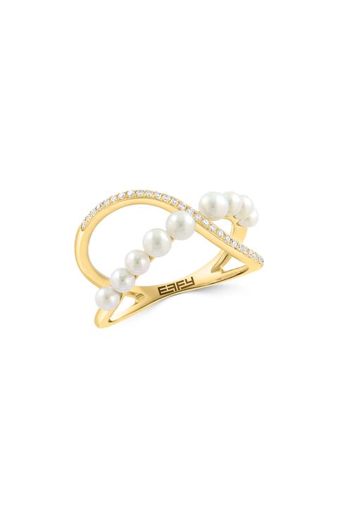 14K Yellow Gold Cultured Freshwater Pearl & Diamond Ring