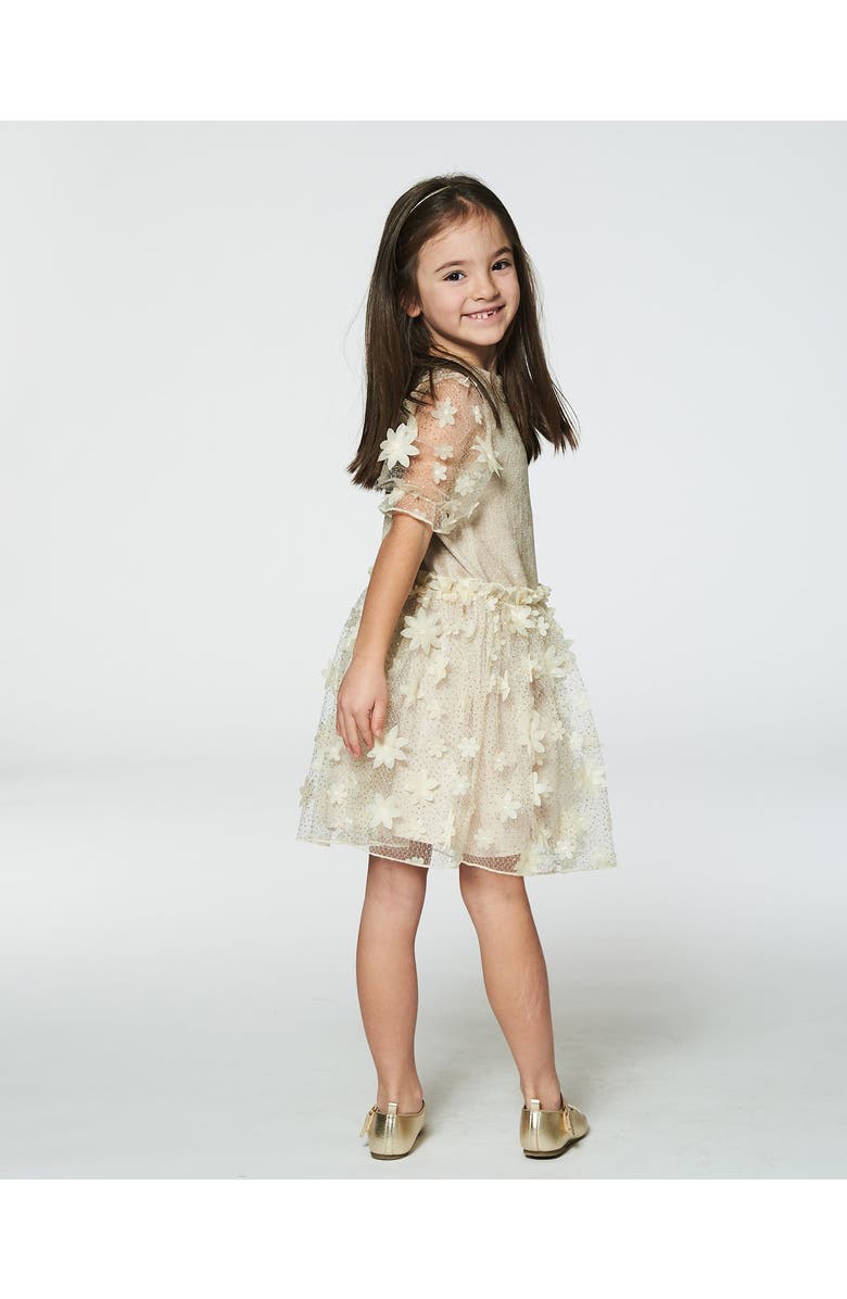 Deux par Deux Girl's Elbow Sleeve Dress With Tulle Skirt Glittering Beige, Alternate, color,