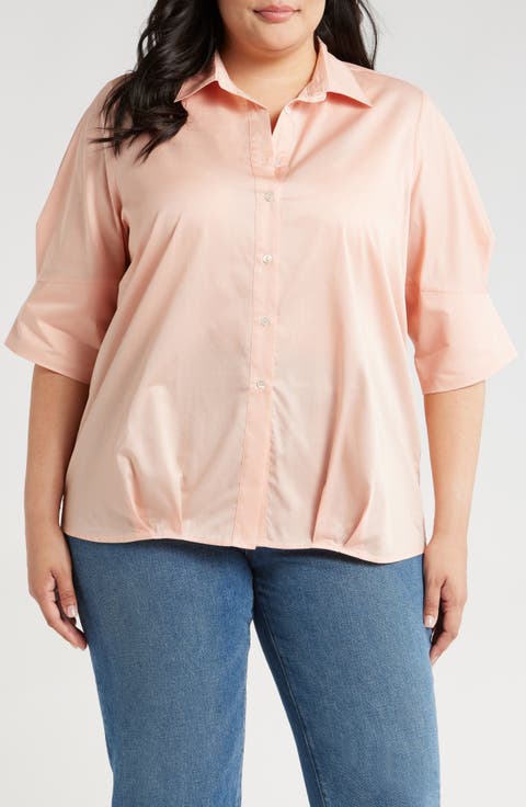 Bernadina Elbow Sleeve Cotton Button-Up Shirt (Plus)