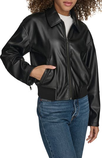 Faux Leather Bomber Jacket with Faux Shearling Collar