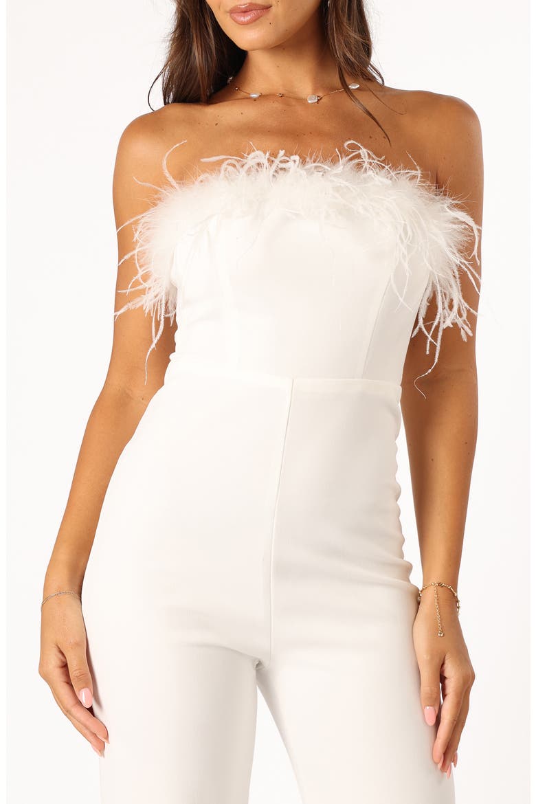 Louise Feather Trim Strapless Jumpsuit, Alternate, color, WHITE