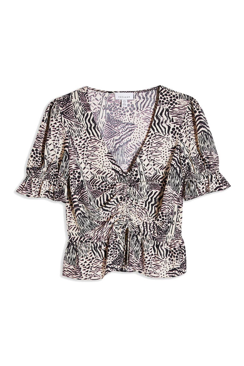 Margot Animal Print Ruched Top, Alternate, color, BLACK
