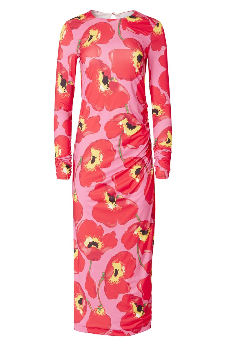 Carolina Herrera Poppy Print Long Sleeve Ruched Knit Dress, Alternate, color, 