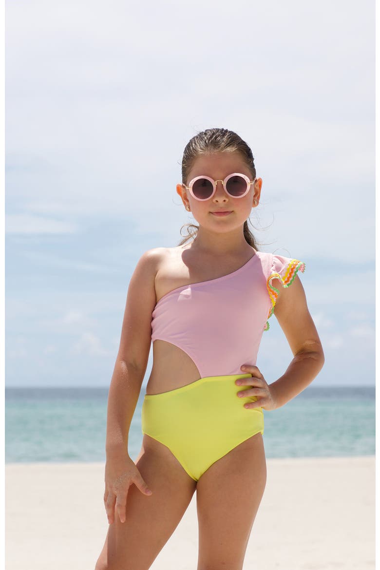 One Shoulder Ruffle Ric-Rac Trim Cut-Out Design One Piece Swimsuit, Little Kid-Big Kid, Alternate, color, Pink