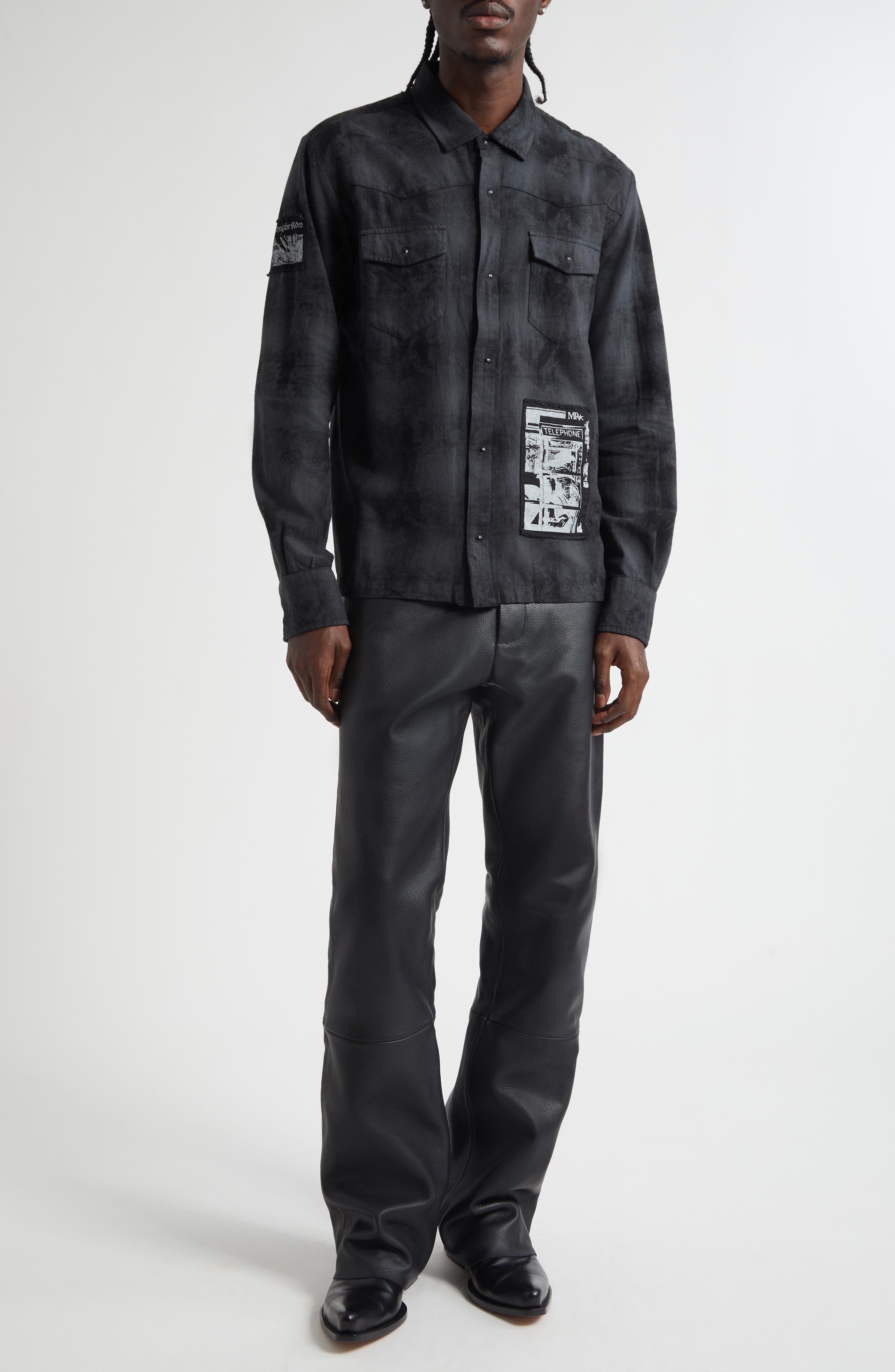 Patchwork Distressed Over Dyed Cotton Flannel Shirt - image 2