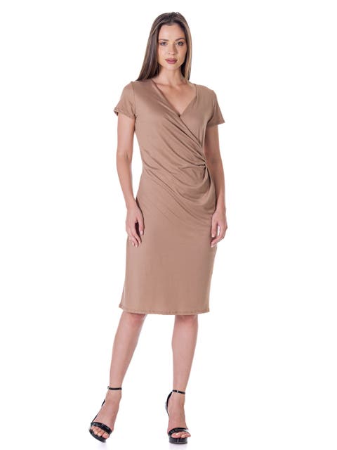 Short Sleeve Knee Length Faux Wrap Dress