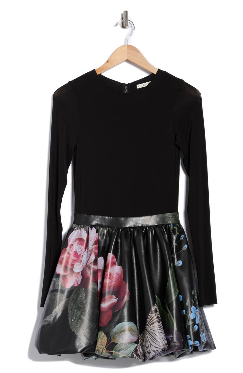 Alice + Olivia Chara Long Sleeve Faux Leather Skirt Dress, Alternate, color, In The Wind Floral