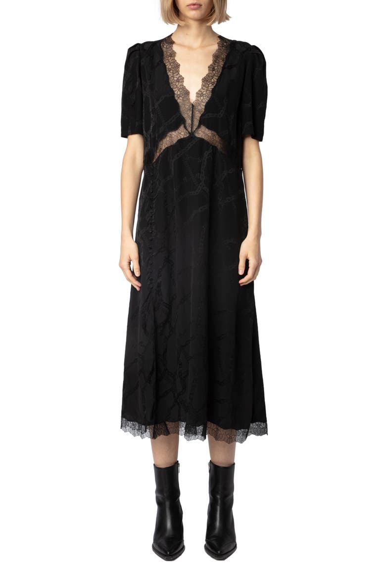 Redox Jac Chaines Lace Trim Silk Dress, Main, color, NOIR